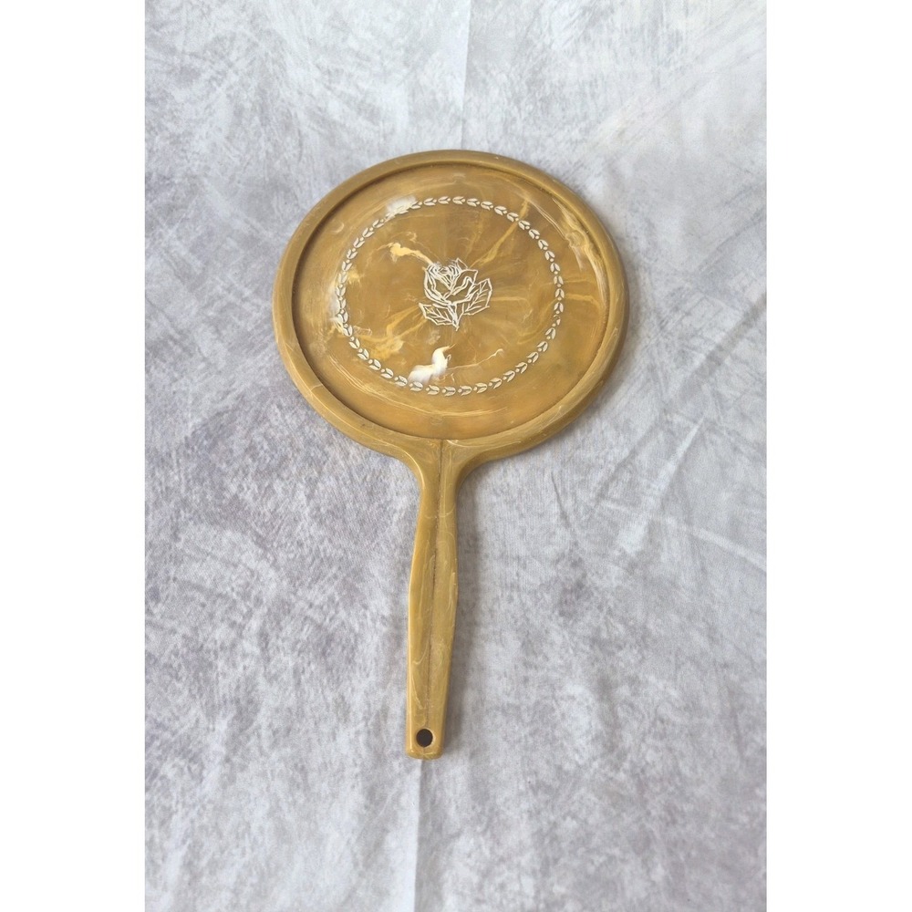Vintage Large Hand Held Vanity Mirror with Floral Design 1950s Gold Tan